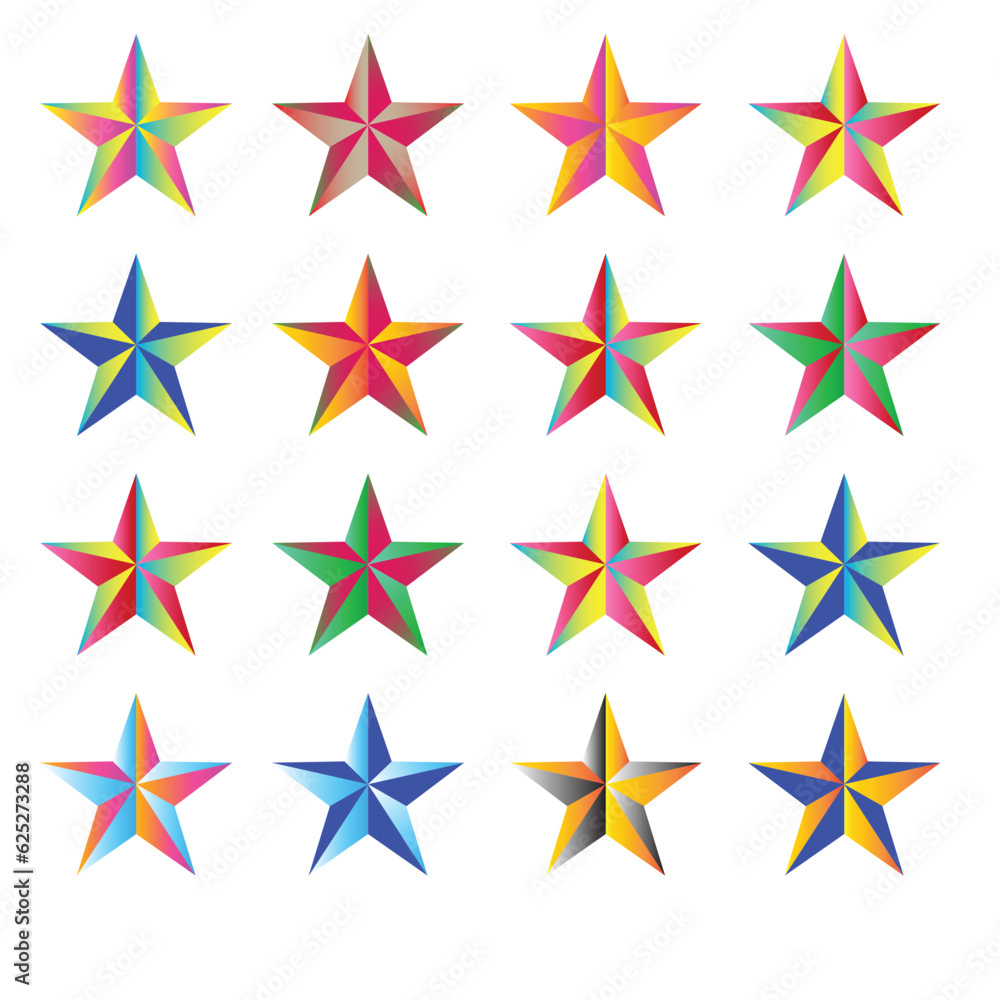 Star icons set. Unique color star sets. Twinkling stars. Sparkles, shining burst. Christmas vector symbols isolated. 3D trophy star icon. Star icons set. Unique color star sets. Twinkling stars. Sparkles, shining burst. Christmas vector symbols isolated. 3D trophy star icon.