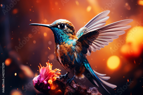 Colorful hummingbird on a bright multicolored background, nature wallpaper with colibri bird, AI Generated © staras