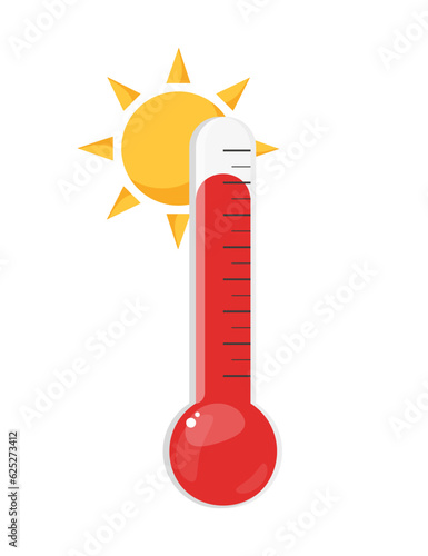 Vector hot temperature thermometers with a sun symbol. Celsius and Fahrenheit. Vector illustration in flat style.