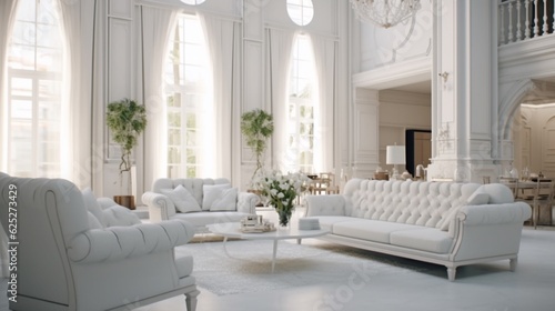 Step into an opulent white living room, adorned with white furniture, Generative AI. © Dhiman