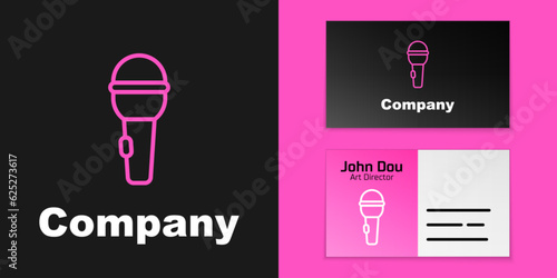 Pink line Microphone icon isolated on black background. On air radio mic microphone. Speaker sign. Logo design template element. Vector