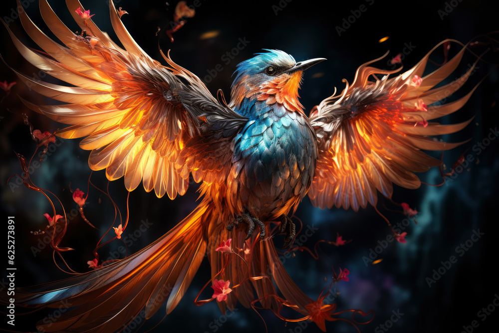 Flaming phoenix firebird with flames and sparks, mythical bird on a fiery background, AI Generated