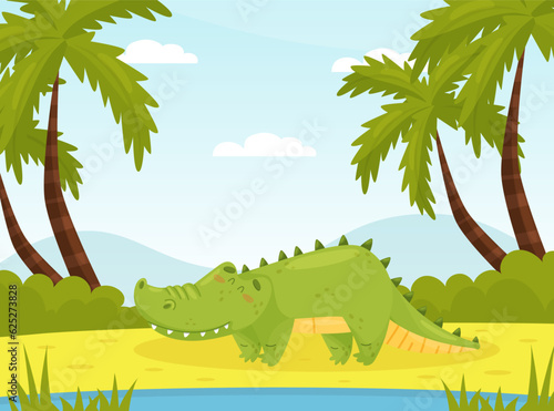 Cute Crocodile Character in Jungle Among Palm Tree Vector Illustration