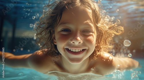 Happy kid have fun in swimming pool. swimming underwater. Funny child swim  dive in pool jump deep down underwater from poolside. Generative AI