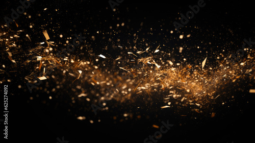 An array of golden particles illustrating a luxury aesthetic against a black backdrop. Generative AI