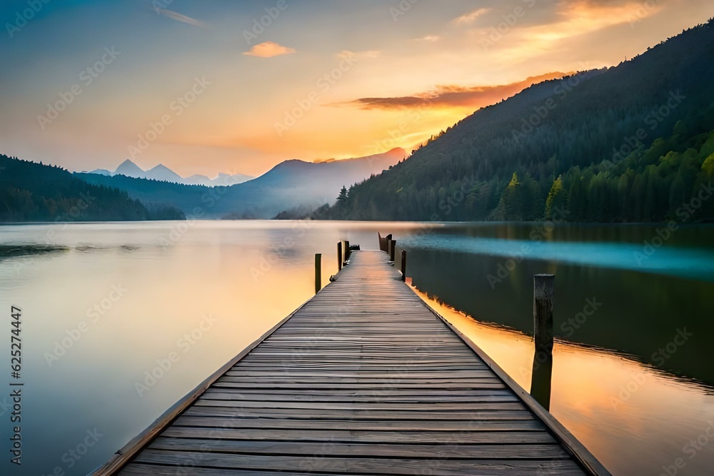 Fototapeta premium Brown Wooden Dock on River Created Using AI tool