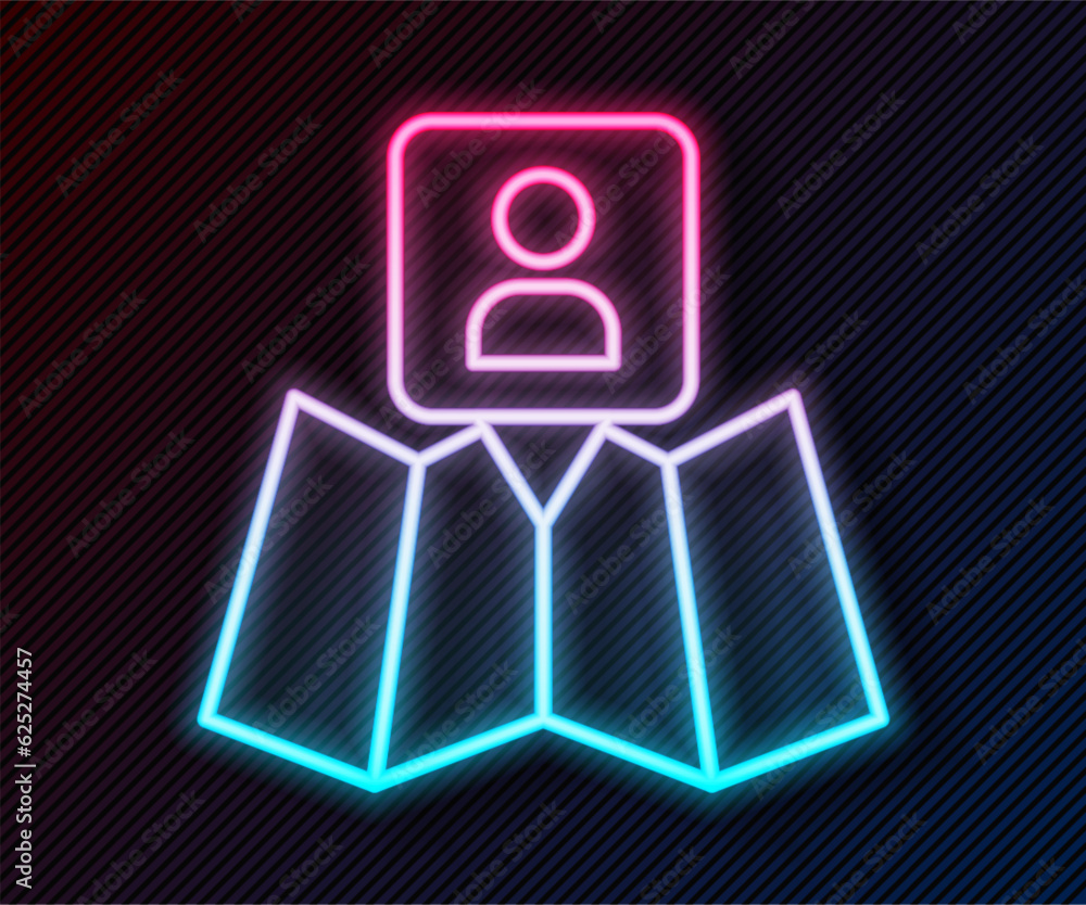 Glowing neon line Folded map with location marker icon isolated on black background. Vector Glowing neon line Folded map with location marker icon isolated on black background. Vector