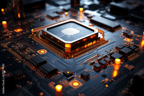 Futuristic future motherboard design with CPU socket, microchips, microprocessors, integrated circuits and connectors for connection, technology science background, AI Generated
