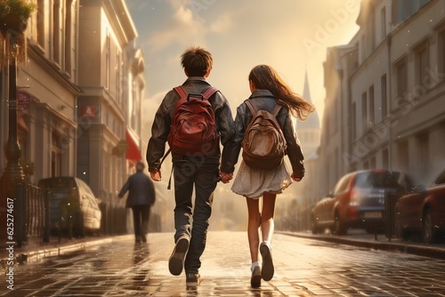 A boy and a girl, holding hands, are walking to school on a city street. Back to school again. Generation AI