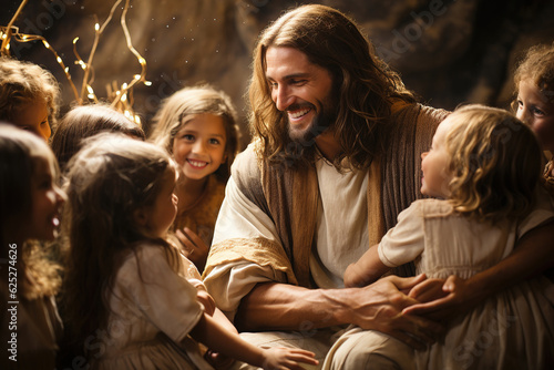 Fotografiet Jesus Christ talking to children, Jesus and children smiling