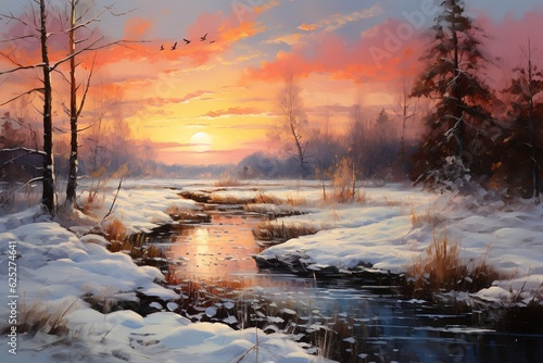 A picturesque winter landscape with a river, snow-covered trees on the riverbank and a dramatic cloudy sky at sunset. AI generation