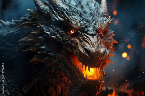 Ferocious fire-breathing dragon close-up  a scary mystical creature  AI Generated