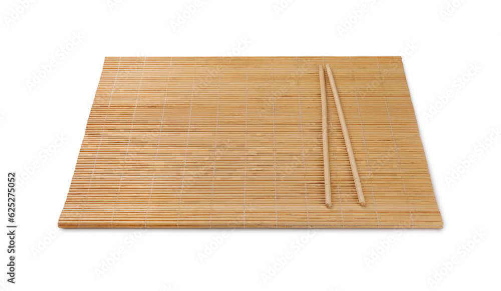 Bamboo mat and chopsticks isolated on white