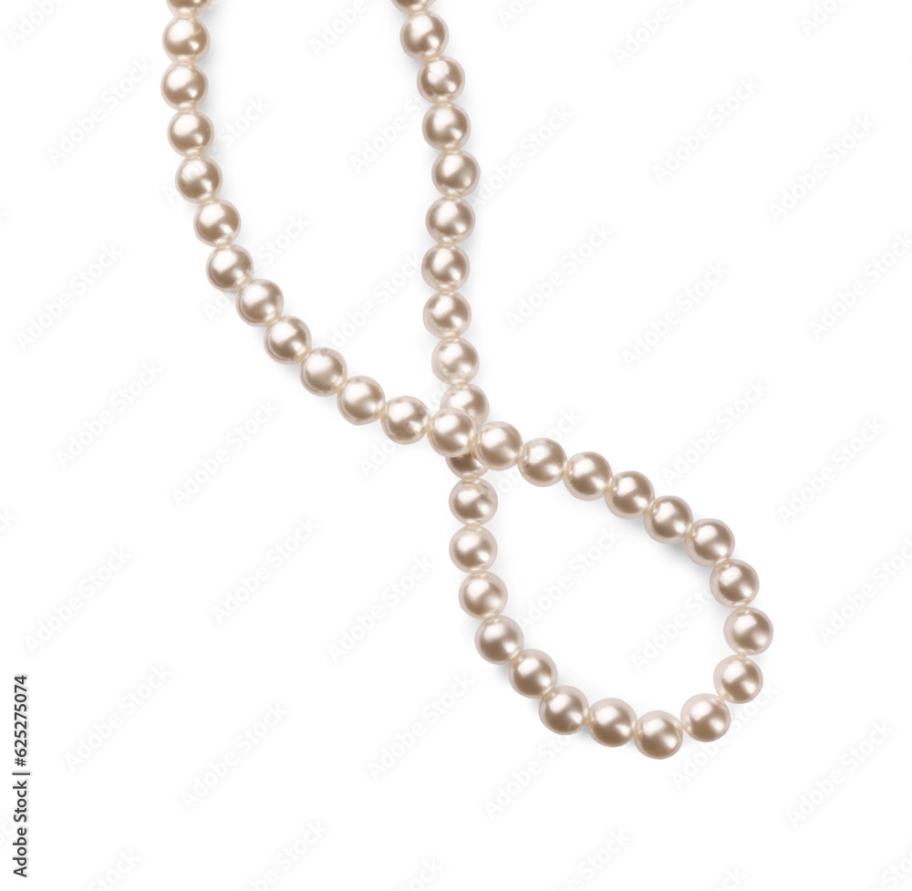 Elegant pearl necklace isolated on white, top view Elegant pearl necklace isolated on white, top view