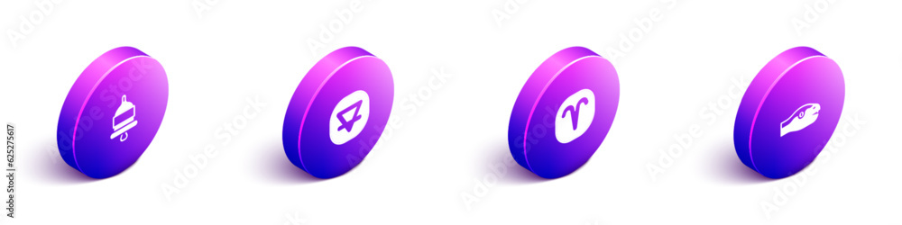 Set Isometric Ringing alarm bell, Earth element, Aries zodiac and Snake icon. Vector Set Isometric Ringing alarm bell, Earth element, Aries zodiac and Snake icon. Vector