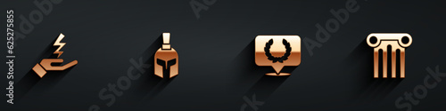 Set Zeus, Greek helmet, Laurel wreath and Ancient column icon with long shadow. Vector