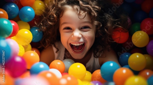 Cute and smiling child has fun and jumps into the tub full of colorful balls. Happy and smiling. Generative AI