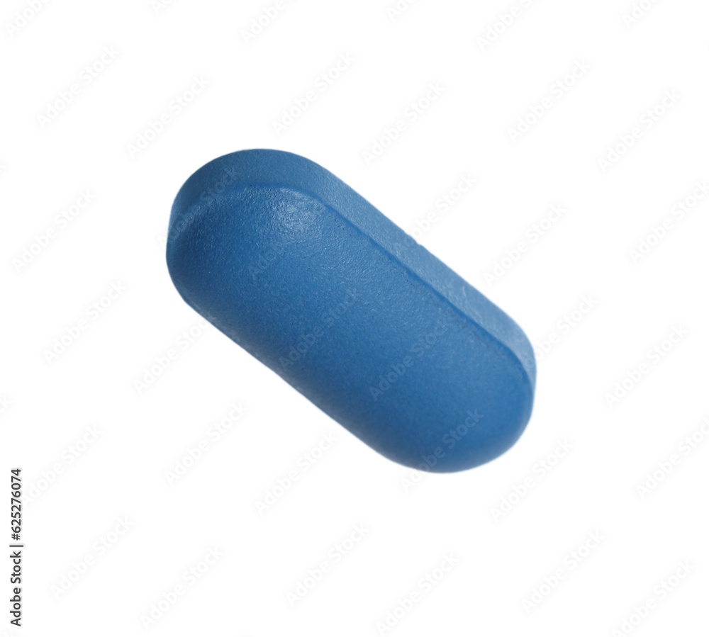 One blue pill on white background. Medicinal treatment One blue pill on white background. Medicinal treatment