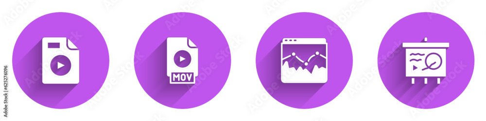 Set AVI file document, MOV, Music wave equalizer and Scenario on chalkboard icon with long shadow. Vector Set AVI file document, MOV, Music wave equalizer and Scenario on chalkboard icon with long shadow. Vector