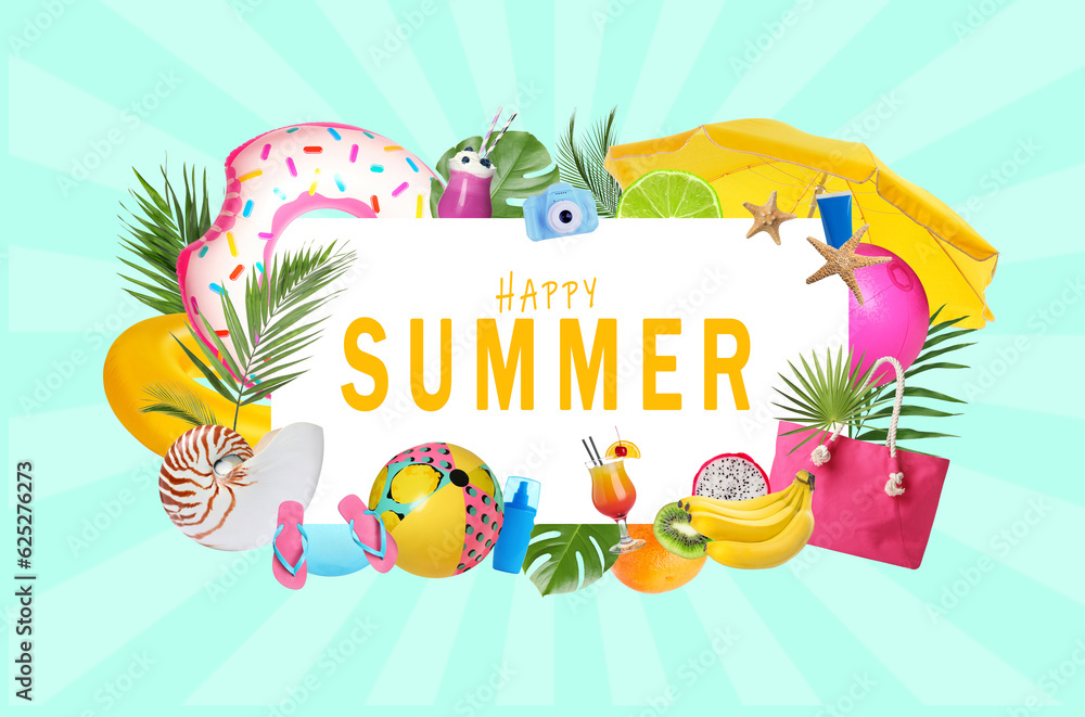 Phrase Happy summer in frame of different beach accessories, green leaves and fruits on pale turquoise background. Collage design