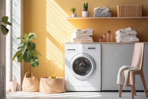 Washing machine in room interior, natural light from the window, AI Generated