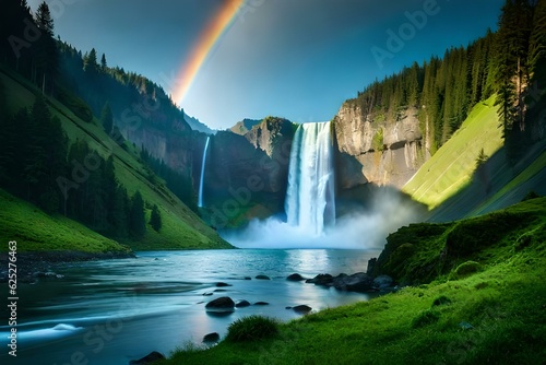 rainbow over waterfall generated ai