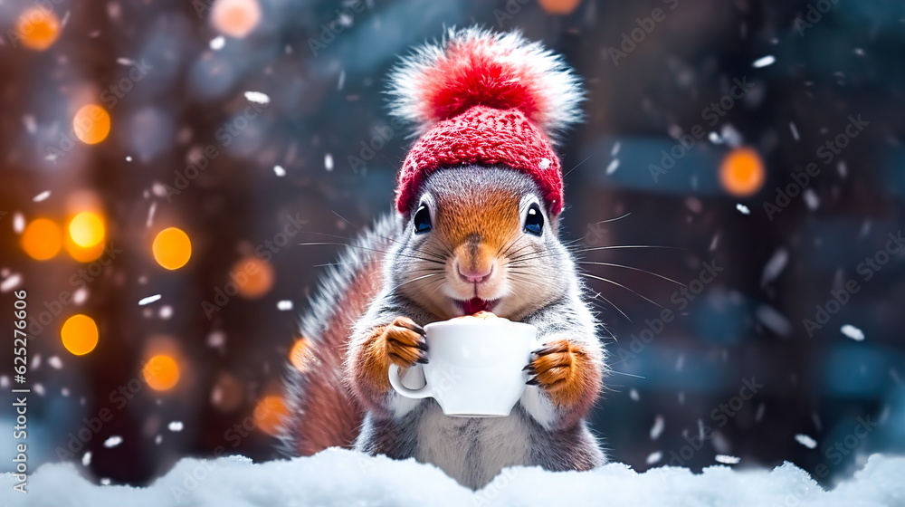 A cheerful cute squirrel in a knitted hat drinks cocoa from a cup against the background of a winter forest with fir trees, snow and colorful lights. Postcard for the New Year holidays.Generative AI A cheerful cute squirrel in a knitted hat drinks cocoa from a cup against the background of a winter forest with fir trees, snow and colorful lights. Postcard for the New Year holidays.Generative AI
