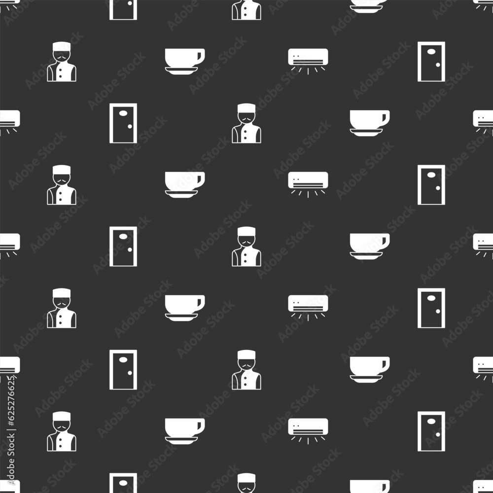 Set Air conditioner, Hotel door, Concierge and Coffee cup on seamless pattern. Vector Set Air conditioner, Hotel door, Concierge and Coffee cup on seamless pattern. Vector