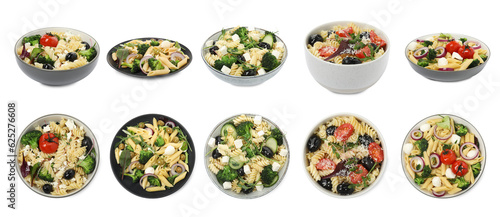 Set of different pasta dishes isolated on white, top and side views