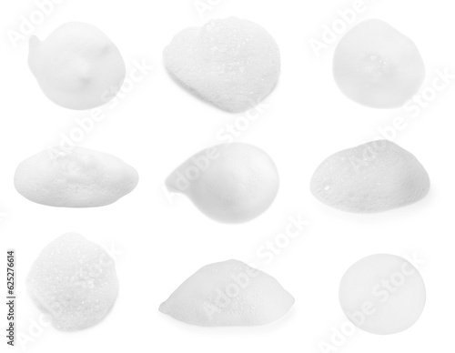 Collage with foam of cosmetic cleanser isolated on white photo