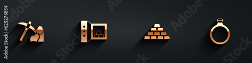 Set Gold mining, Safe with gold bars, and ring icon with long shadow. Vector
