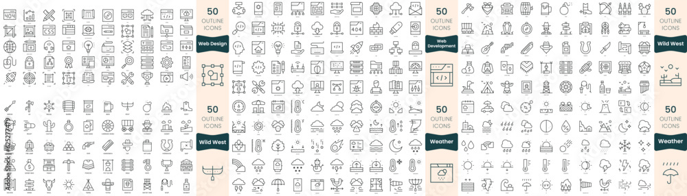 300 thin line icons bundle. In this set include weather, web design, web development, wild west