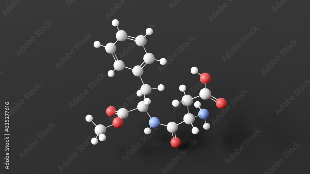 aspartame molecule, molecular structure, sugar substitute, ball and stick 3d model, structural chemical formula with colored atoms aspartame molecule, molecular structure, sugar substitute, ball and stick 3d model, structural chemical formula with colored atoms