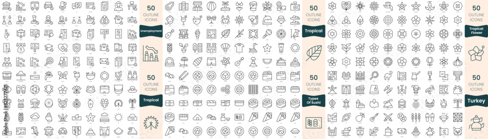 300 thin line icons bundle. In this set include tropical flower, tropical, turkey, types of sushi, unemployment