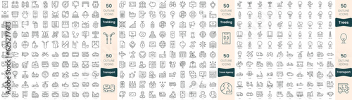 300 thin line icons bundle. In this set include trading, transport, travel agency, trees, trekking