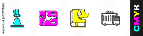 Set Tacheometer, theodolite, Topographic map, Earth globe and book and Mining dump truck icon. Vector