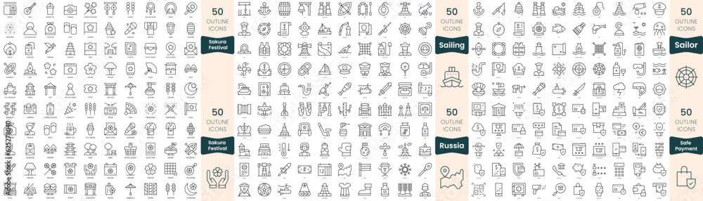 300 thin line icons bundle. In this set include russia, safe payment, sailing, sailor, sakura festival - obrazy, fototapety, plakaty 