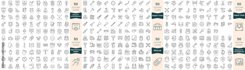 300 thin line icons bundle. In this set include repair tools, reproductive health, rescue, research and development 300 thin line icons bundle. In this set include repair tools, reproductive health, rescue, research and development
