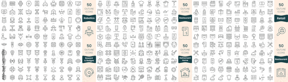 300 thin line icons bundle. In this set include restaurant, retail, retirement home, reward and badges, robotics 300 thin line icons bundle. In this set include restaurant, retail, retirement home, reward and badges, robotics