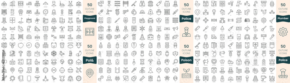300 thin line icons bundle. In this set include playground, plumber, poison, poland, police 300 thin line icons bundle. In this set include playground, plumber, poison, poland, police