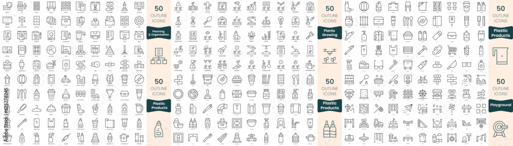 300 thin line icons bundle. In this set include planning and organization, plants growing, plastic products, playground