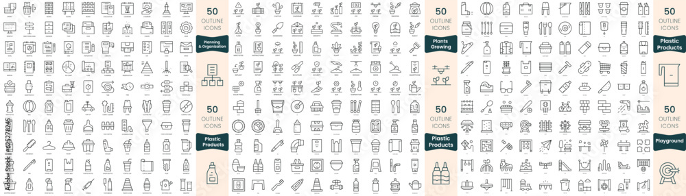300 thin line icons bundle. In this set include planning and organization, plants growing, plastic products, playground 300 thin line icons bundle. In this set include planning and organization, plants growing, plastic products, playground