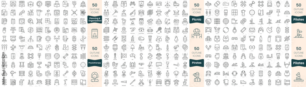 300 thin line icons bundle. In this set include physiotherapy, picnic, pilates, pirates, planning and organization