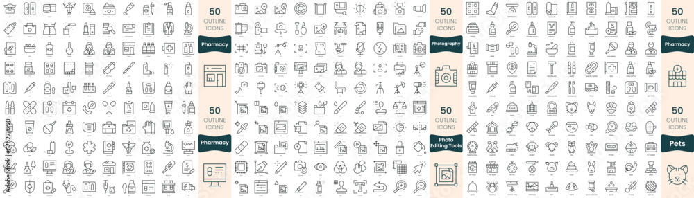 300 thin line icons bundle. In this set include pets, pharmacy, photo editing tools, photography - obrazy, fototapety, plakaty 