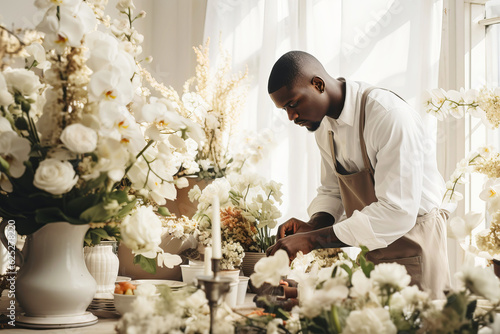 African American male florist creating wedding bouquet in flower shop. Small business. Generative AI illustration