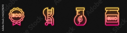 Set line Test tube and flask, Label for eco healthy food, Genetically modified chicken and GMO. Glowing neon icon. Vector