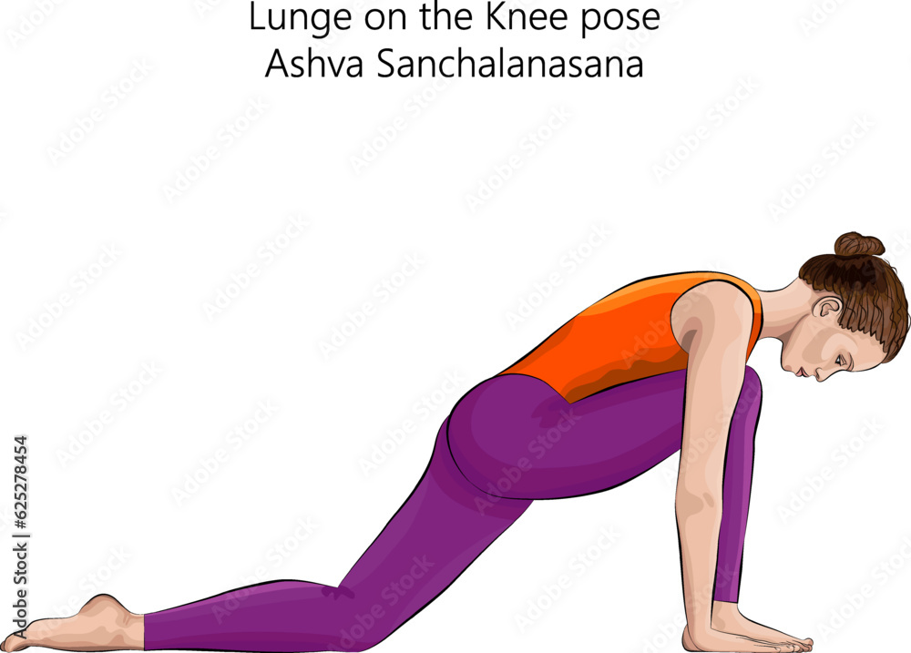 Young woman practicing yoga exercise, doing Lunge on the Knee pose or ...