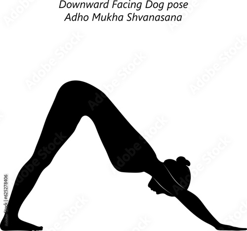 Black silhouette of young woman practicing yoga, doing Downward Facing Dog pose. Adho Mukha Shvanasana. Arm Leg Support and Forward Bend. Beginner. Isolated vector illustration.