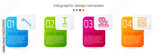 Set line Garden hoe, Shovel, Soil ph testing and Pack full of seeds of plant. Business infographic template. Vector