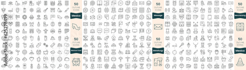 300 thin line icons bundle. In this set include merchandising, message, metallurgy, mexican food, mexico
